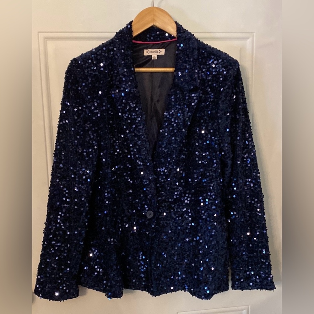 Nanette Lepore Girls’ Night Out Sapphire Blue Velvet Sequin Blazer Jacket - Picture 16 of 16